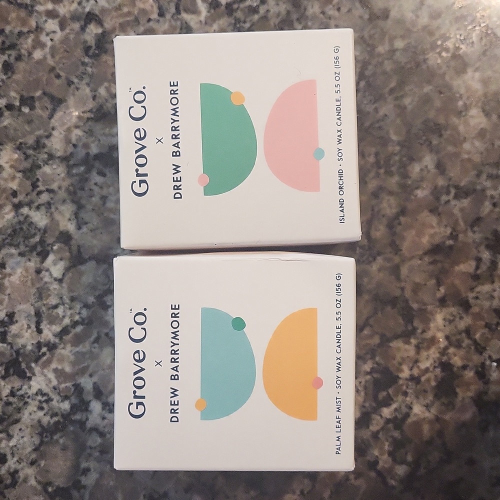 Lot of 2 Grove Co.  Drew Barrymore palm leaf mist & island orchid soy wax candle